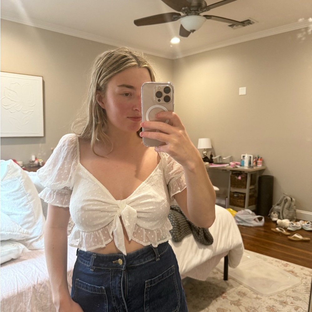 H&M White Puff Sleeve Crop Blouse